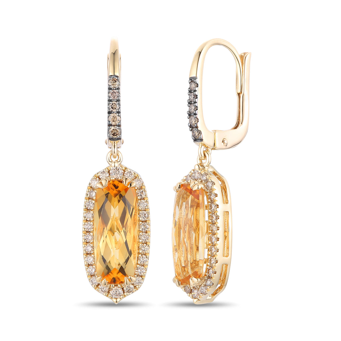 3.10 TOTAL CARAT WEIGHT OVAL CITRINE WITH .44 TOTAL CARAT WEIGHT WHITE AND CHOCOLATE DIAMONDS DROP EARRINGS