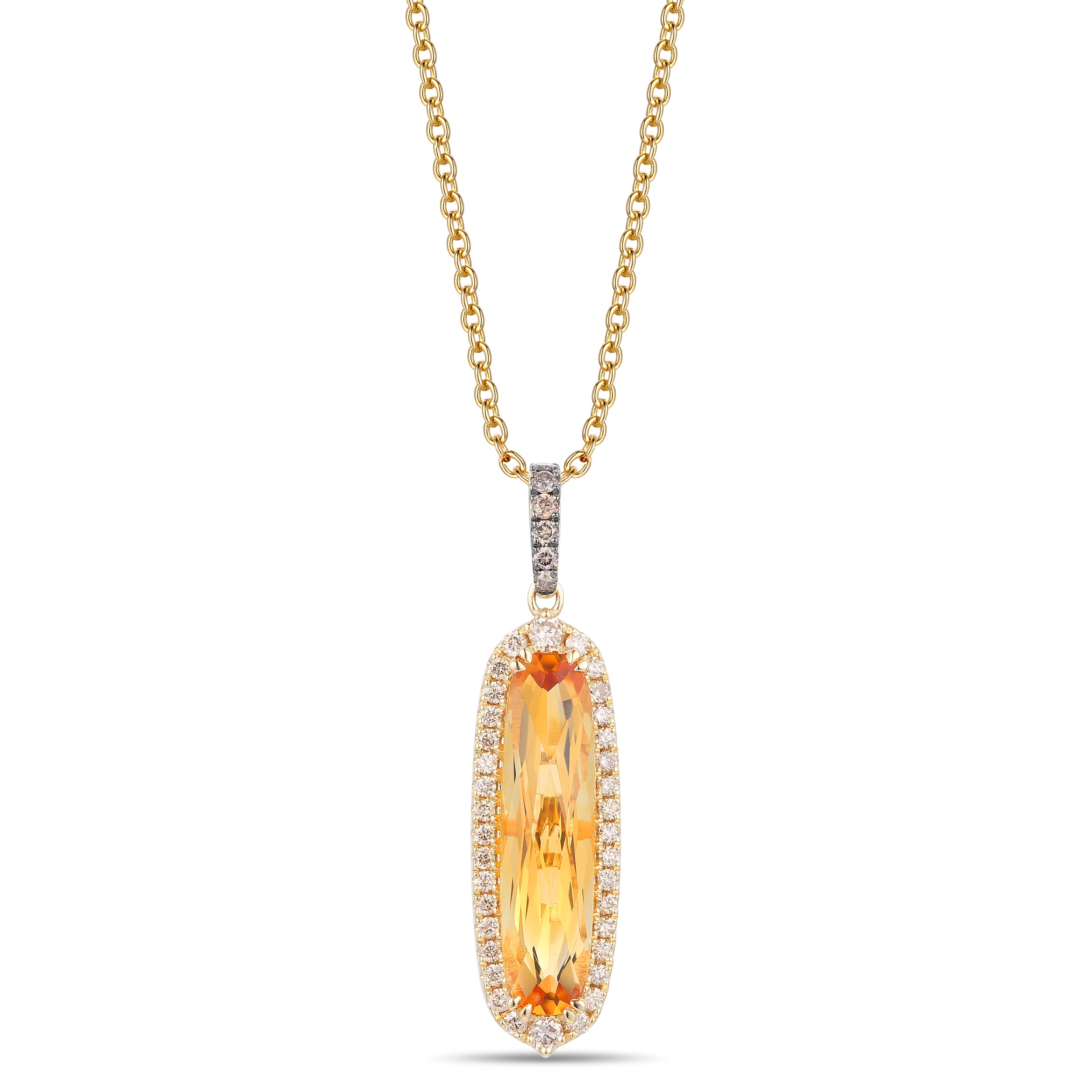 2.60 CARAT OVAL CITRINE WITH .31 TOTAL CARAT WEIGHT WHITE AND CHOCOLATE DIAMOND PENDANT IN 14K YELLOW GOLD