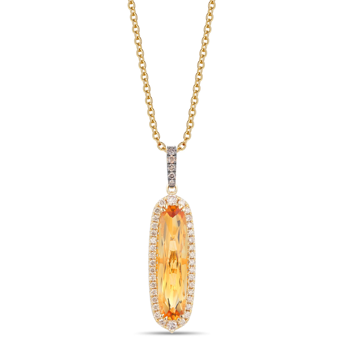 2.60 CARAT OVAL CITRINE WITH .31 TOTAL CARAT WEIGHT WHITE AND CHOCOLATE DIAMOND PENDANT IN 14K YELLOW GOLD