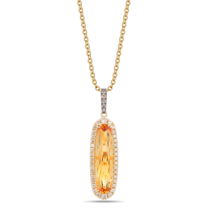 2.60 CARAT OVAL CITRINE WITH .31 TOTAL CARAT WEIGHT WHITE AND CHOCOLATE DIAMOND PENDANT IN 14K YELLOW GOLD