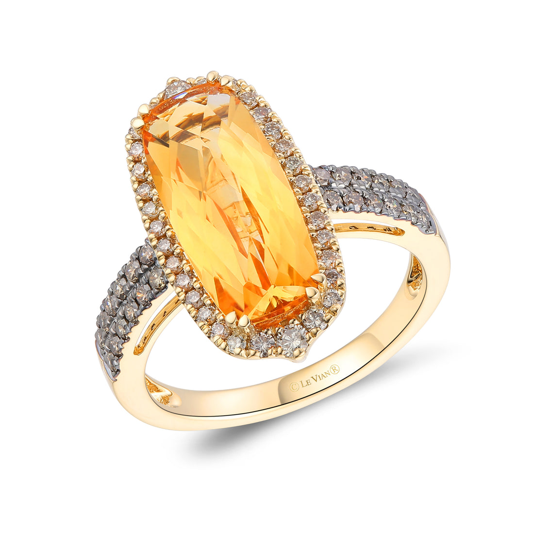 3.60 CARAT OVAL ORANGE CITRINE WITH .55 TOTAL CARAT WEIGHT WHITE DIAMOND HALO RING WITH CHOCOLATE DIAMONDS ON THE BAND