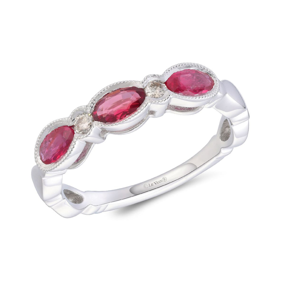 .70 TOTAL CARAT WEIGHT OVAL RUBY AND .06 TOTAL CARAT WEIGHT ROUND DIAMOND BEZEL BAND IN 14K WHITE GOLD