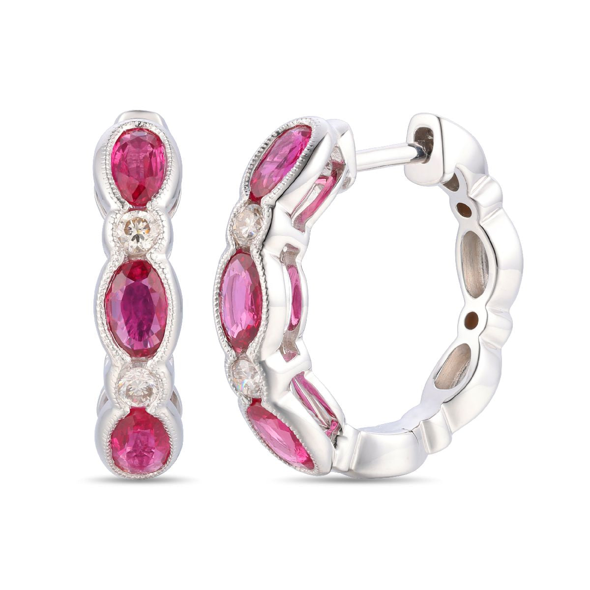 1.56 TOTAL CARAT WEIGHT OVAL RUBY AND .16 TOTAL CARAT WEIGHT ROUND DIAMOND BEZEL HUGGIE EARRINGS IN 14K WHITE GOLD