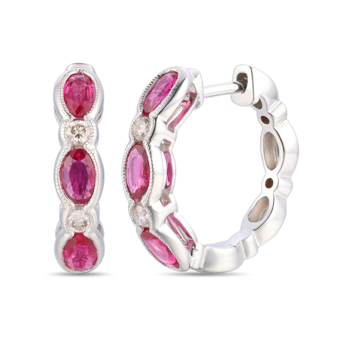 1.56 TOTAL CARAT WEIGHT OVAL RUBY AND .16 TOTAL CARAT WEIGHT ROUND DIAMOND BEZEL HUGGIE EARRINGS IN 14K WHITE GOLD