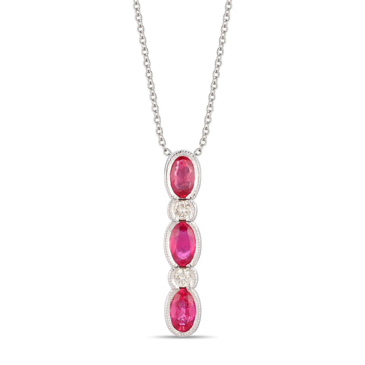.78 TOTAL CARAT WEIGHT OVAL RUBY AND .08 TOTAL CARAT WEIGHT ROUND DIAMOND BEZEL DROP PENDANT IN 14K WHITE GOLD