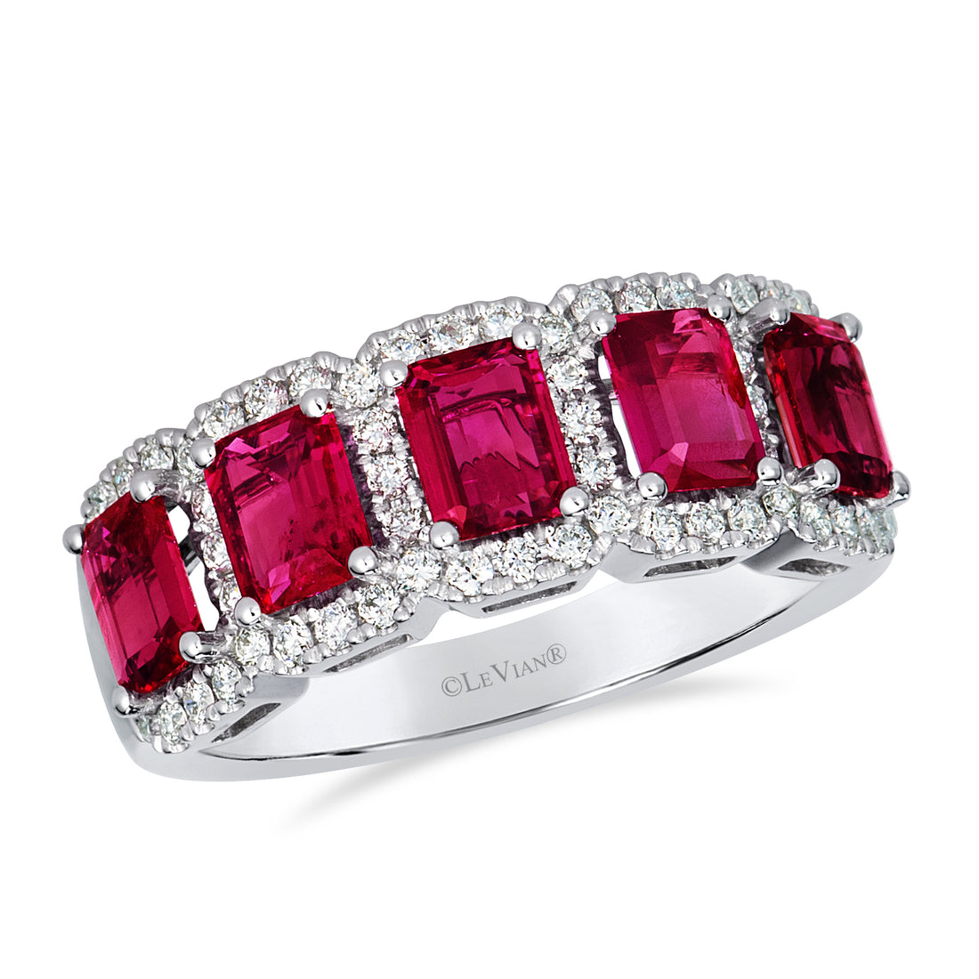 1.85 TOTAL CARAT WEIGHT EMERALD CUT RUBY WITH .43 TOTAL CARAT WEIGHT ROUND DIAMOND HALOS BAND IN 14K WHITE GOLD