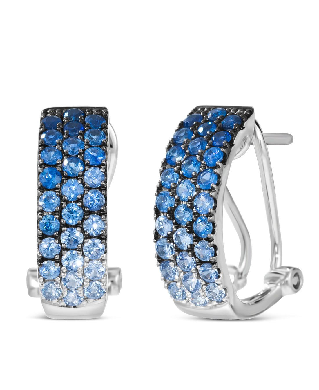 1.20 TOTAL CARAT WEIGHT ROUND DENIM BLUE SAPPHIRE OMBRE PAVE EARRINGS WITH OMEGA BACK IN 14K WHITE GOLD