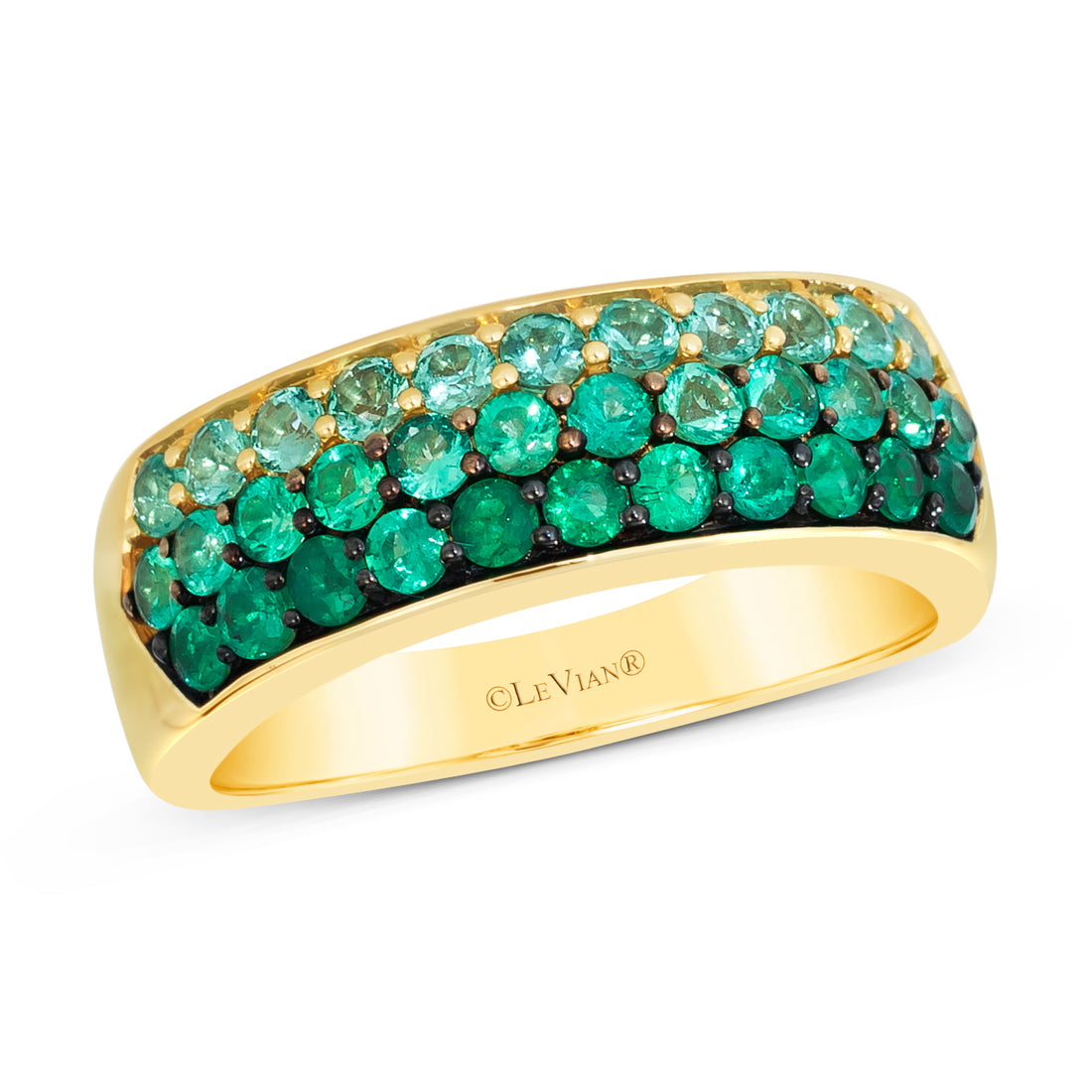 .94 TOTAL CARAT WEIGHT ROUND EMERALD 3 ROW OMBRE PAVE RING IN 14K YELLOW GOLD
