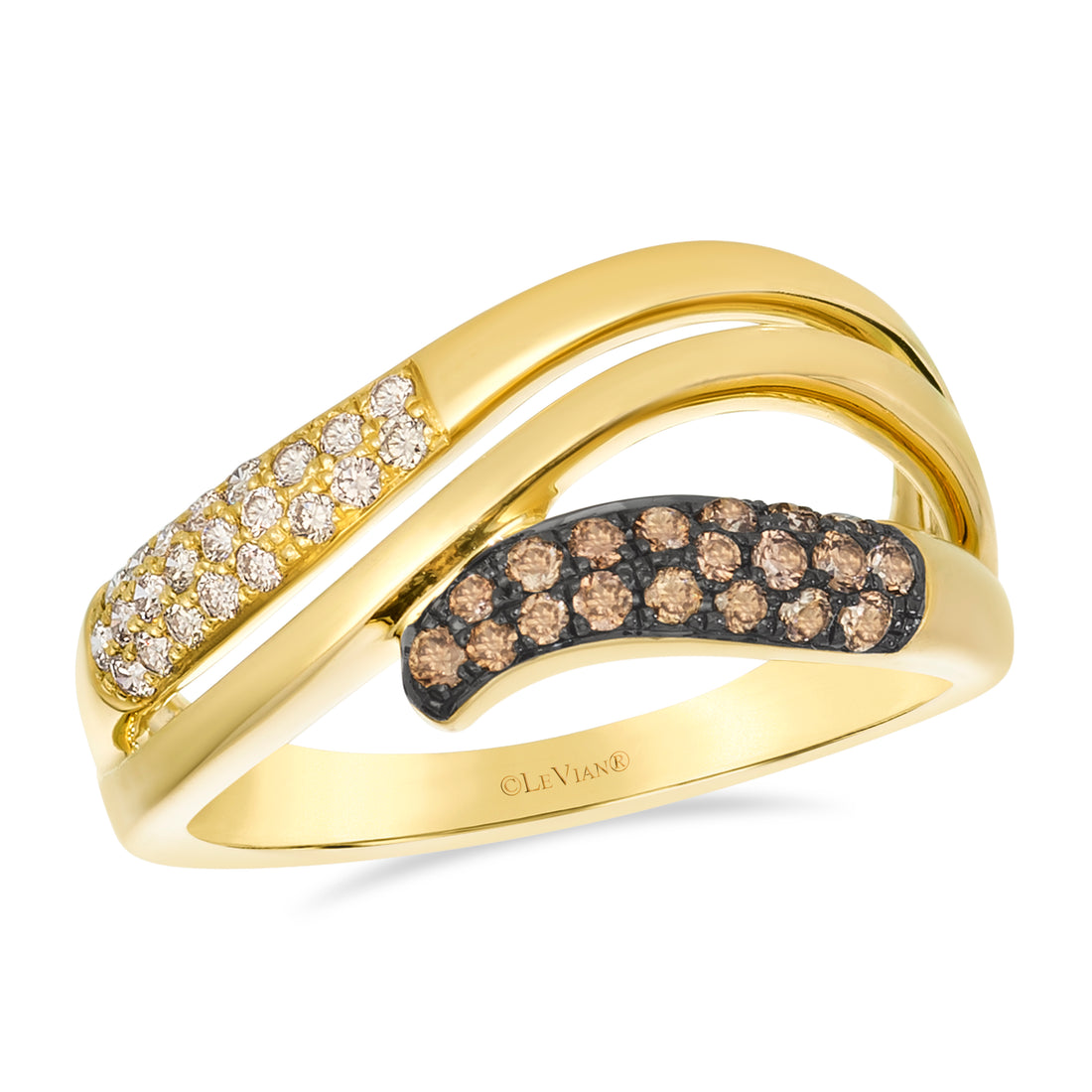 .38 TOTAL CARAT WEIGHT ROUND WHITE AND CHOCOLATE DIAMOND PAVE WIDE RING IN 14K YELLOW GOLD