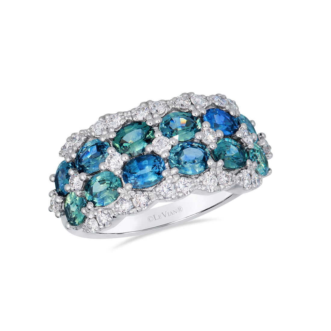 3 TOTAL CARAT WEIGHT ROUND BLUE AND GREEN MONTANA SAPPHIRES WITH .56 TOTAL CARAT WEIGHT ROUND DIAMOND WIDE RING