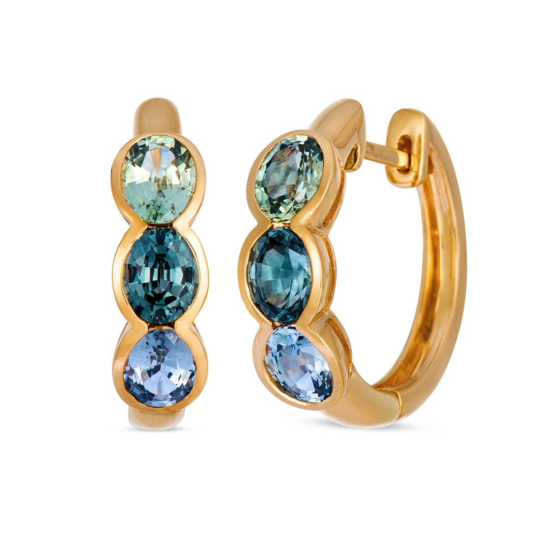 2.10 TOTAL CARAT WEIGHT GREEN AND BLUE SAPPHIRE HUGGIE EARRINGS IN 14K YELLOW GOLD