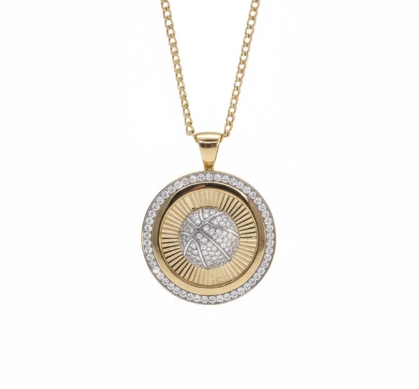 Diamond Basketball Circle Pendant | 10K Yellow Gold | Pavé Set | Round Medallion Design - Brownee Jewelers