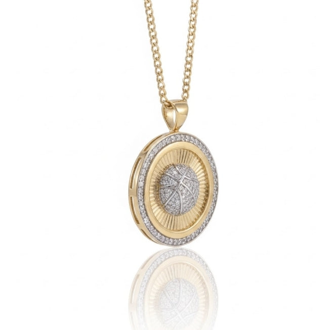 Diamond Basketball Circle Pendant | 10K Yellow Gold | Pavé Set | Round Medallion Design - Brownee Jewelers
