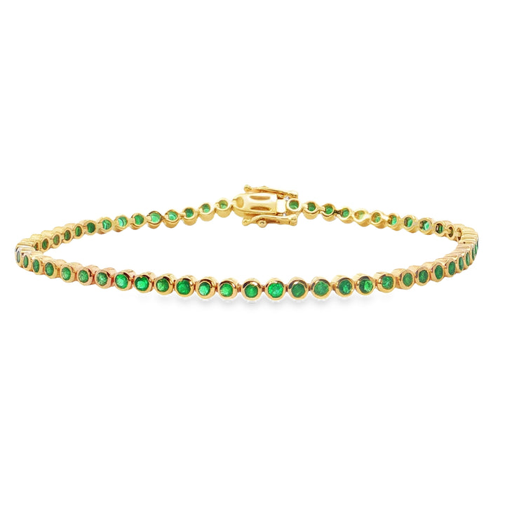 Emerald Tennis Bracelet | 14K Yellow Gold | Round Emerald Bezel-Set Bracelet | Classic Stackable Gemstone Bracelet - Brownee Jewelers
