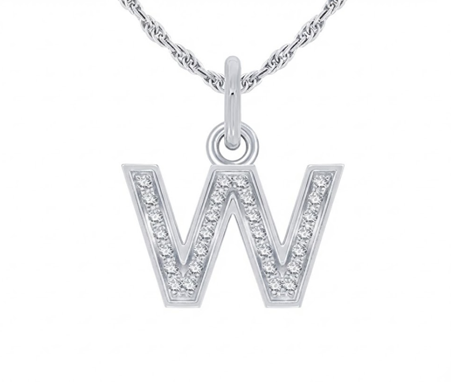 Silver Diamond Block “W” Initial Pendant – 1/8 CTW