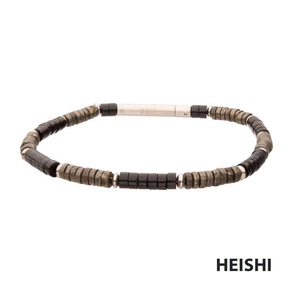8.25 inch Stainless Steel Shadow Wolf Heishi Bead Bracelet with Black Onyx and Pyrite beads and a Tubular Press Clasp