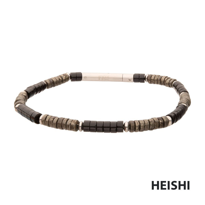Shadow Wolf Heishi Bead Bracelet | Stainless Steel | 8.25 Inch | Black Onyx & Pyrite | Tubular Press Clasp | BRHSHI02-825 - Brownee Jewelers