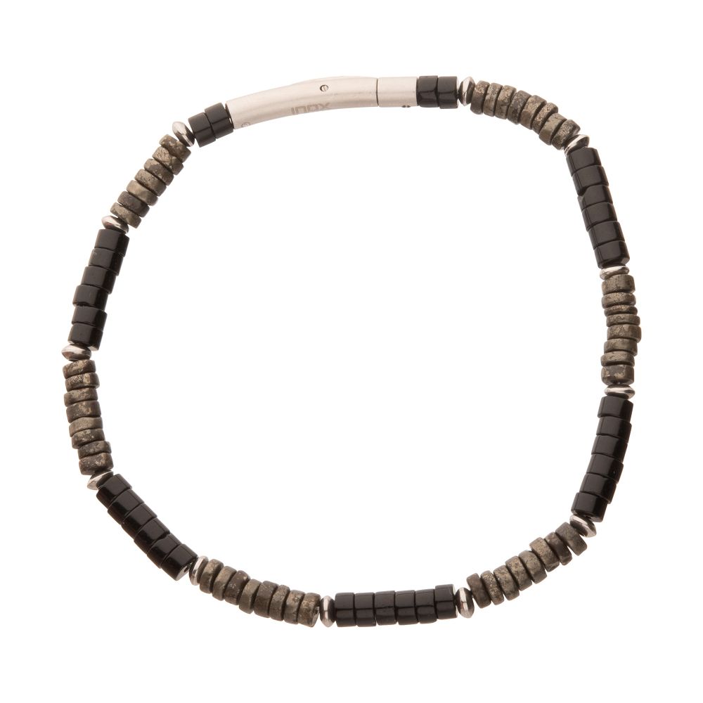 8.25 inch Stainless Steel Shadow Wolf Heishi Bead Bracelet with Black Onyx and Pyrite beads and a Tubular Press Clasp