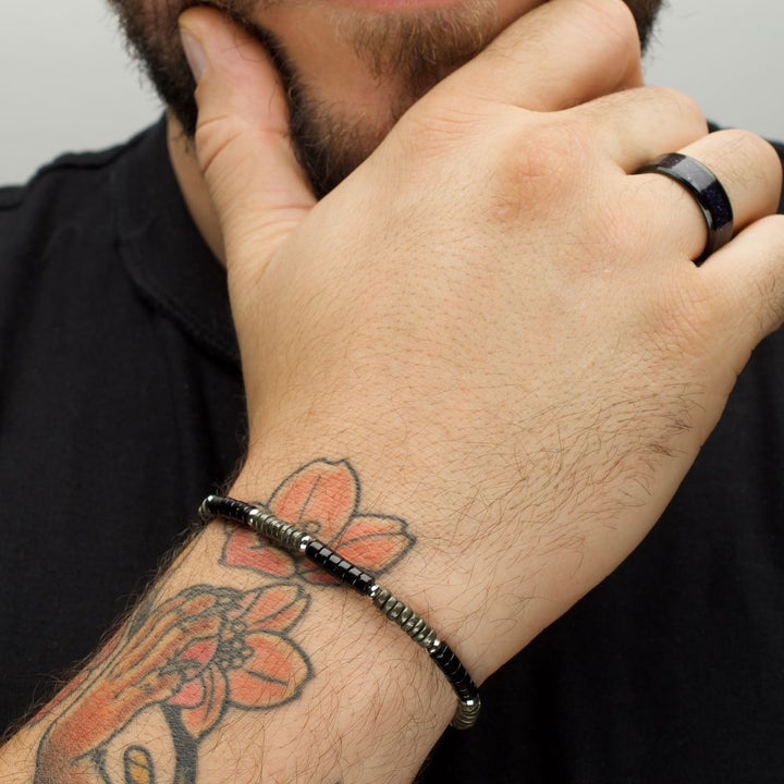 Shadow Wolf Heishi Bead Bracelet | Stainless Steel | 8.25 Inch | Black Onyx & Pyrite | Tubular Press Clasp | BRHSHI02-825 - Brownee Jewelers