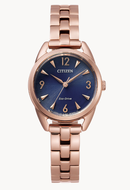  With a rose-gold-tone stainless-steel band and royal blue face, this slim version of the classic Ladies’ Drive watch from Citizen will stand out from the crowd