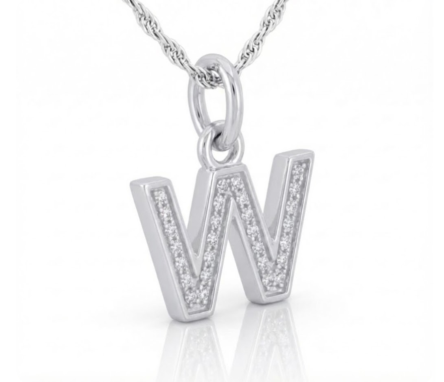Silver Diamond Block “W” Initial Pendant – 1/8 CTW