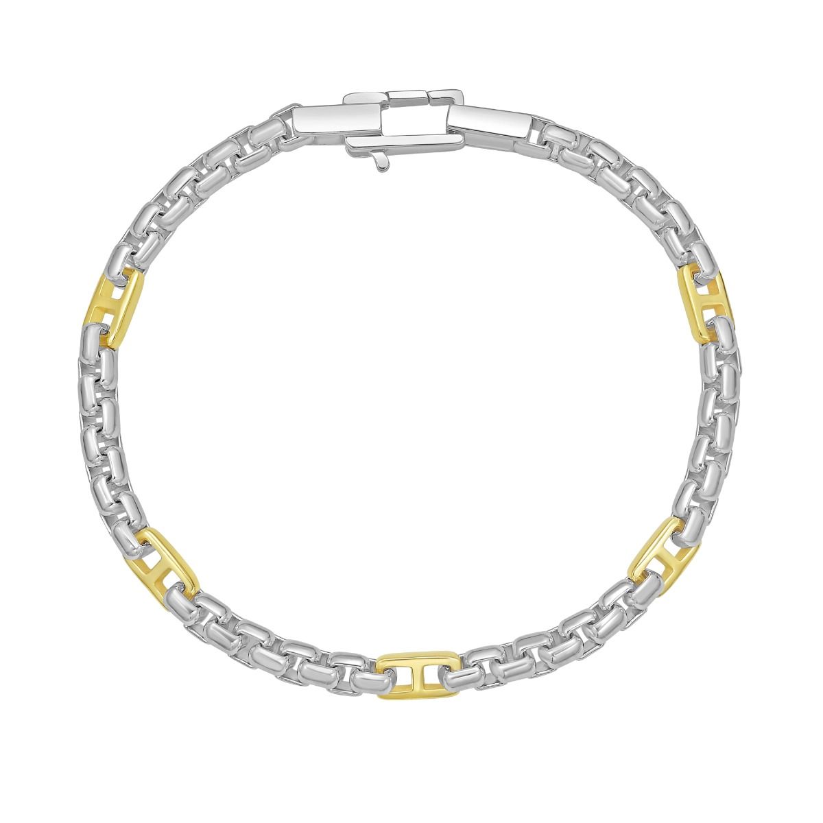 Two-Tone Stainless Steel Mariner & Box Link 8.25 Inch Bracelet with Yellow IP Accents