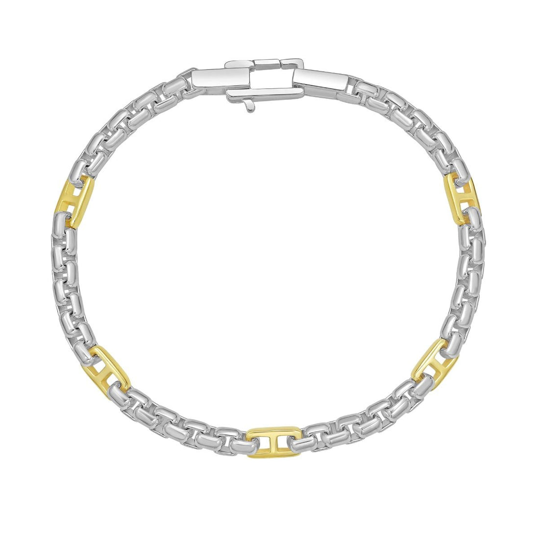 Two-Tone Stainless Steel Mariner & Box Link 8.25 Inch Bracelet with Yellow IP Accents