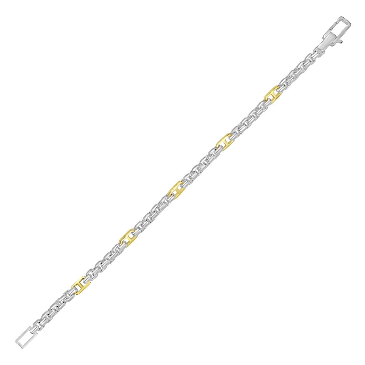 Two-Tone Stainless Steel Mariner & Box Link 8.25 Inch Bracelet with Yellow IP Accents