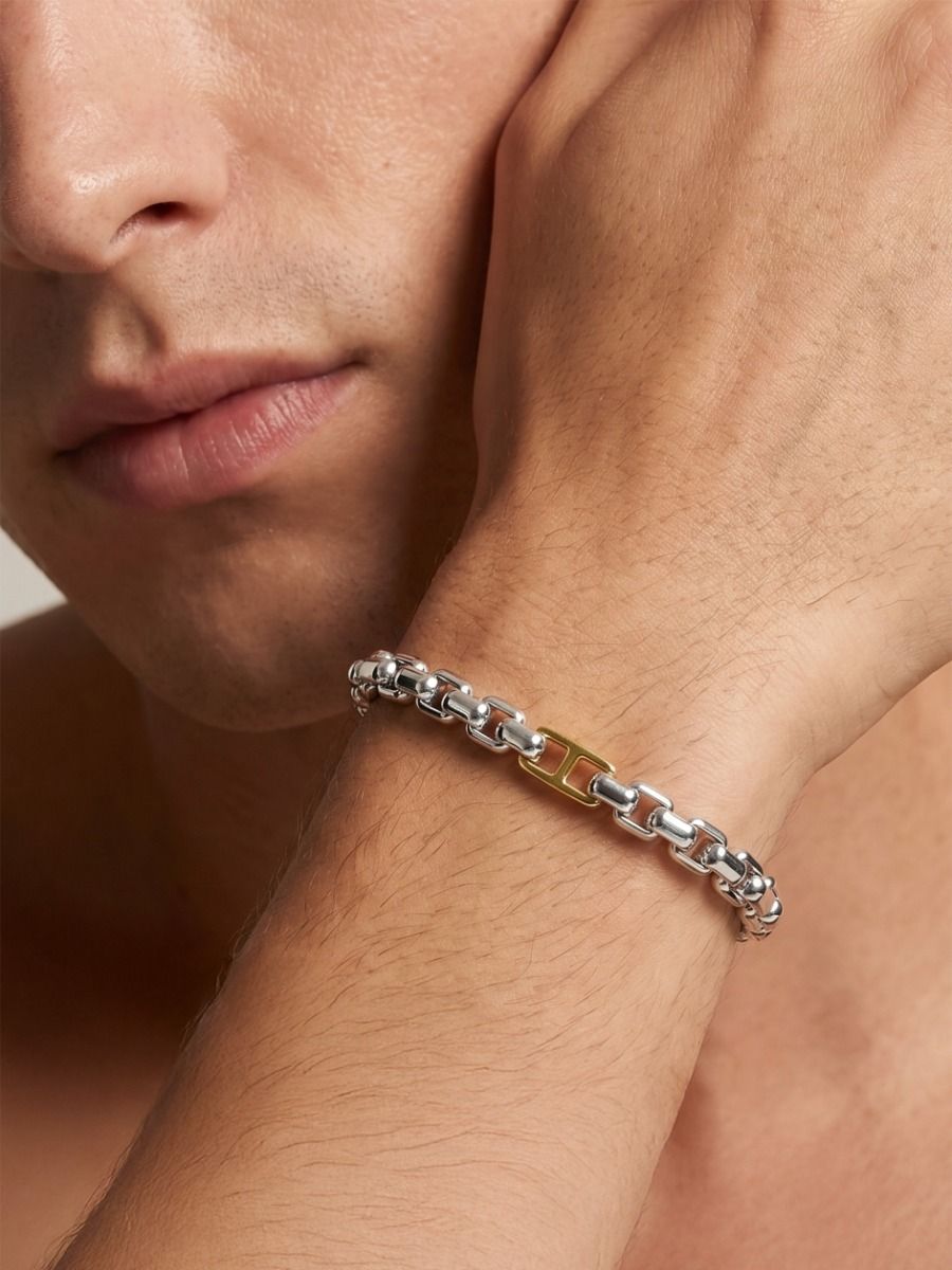 Two-Tone Stainless Steel Mariner & Box Link 8.25 Inch Bracelet with Yellow IP Accents