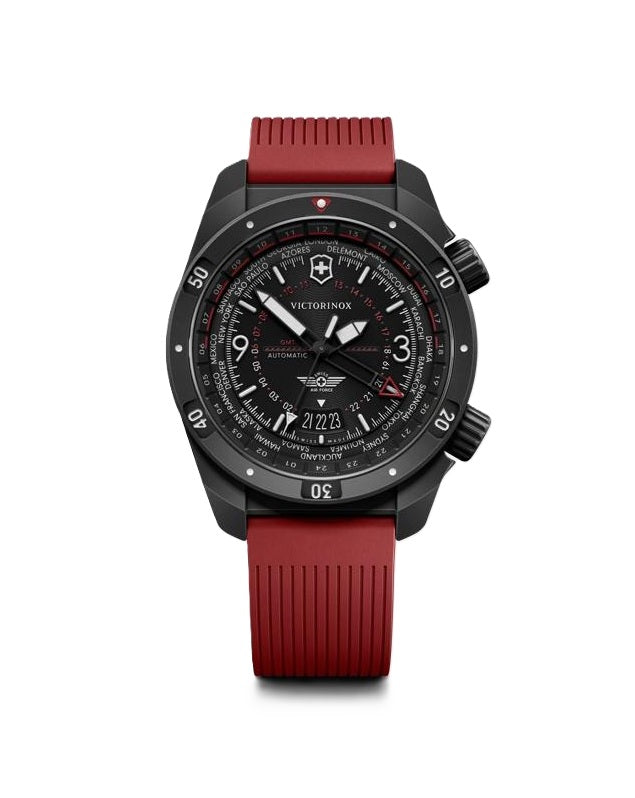 VictorInox Air Pro Automatic GMT | Sandblasted Stainless Steel | Black Dial | Red Rubber Strap | 242006 - Brownee Jewelers