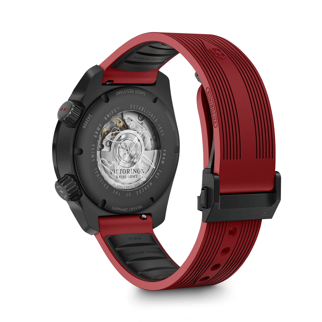 VictorInox Air Pro Automatic GMT Sandblasted Stainless Steel Watch with Black Dial and Red Rubber Strap