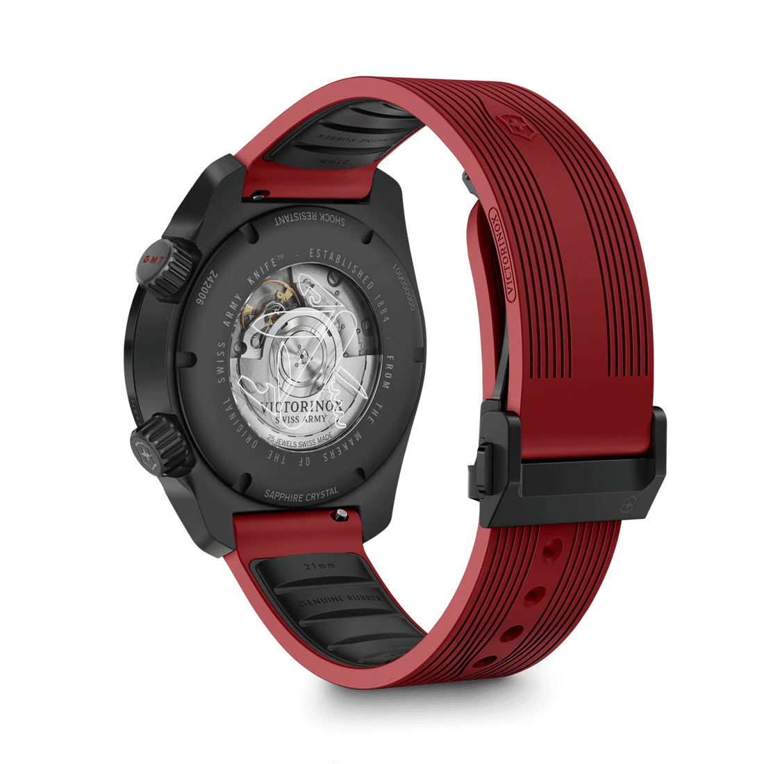 VictorInox Air Pro Automatic GMT Sandblasted Stainless Steel Watch with Black Dial and Red Rubber Strap