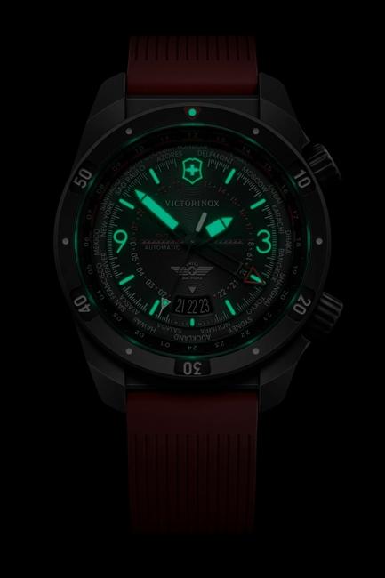 VictorInox Air Pro Automatic GMT | Sandblasted Stainless Steel | Black Dial | Red Rubber Strap | 242006 - Brownee Jewelers