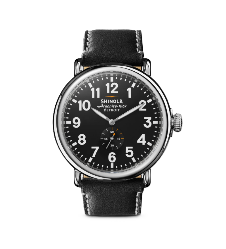 Runwell Sub Second 47mm Watch | Stainless Steel | Black Dial | Black Leather Strap - Brownee Jewelers