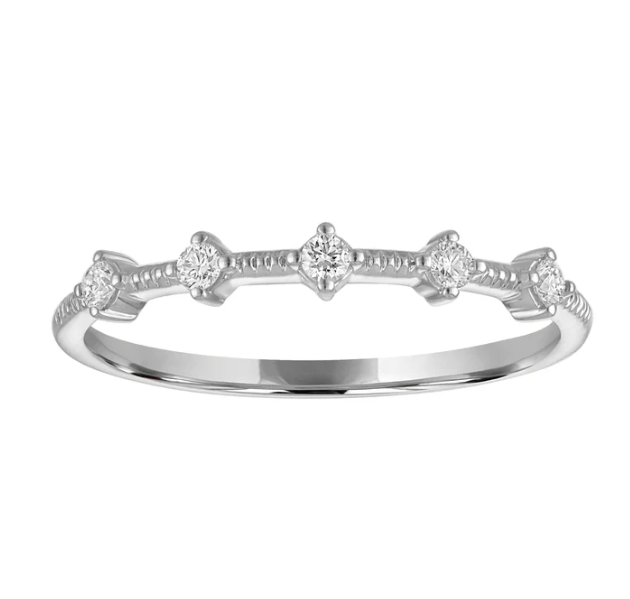 0.10 Total Carat Weight Round Diamond Station Milgrain Stackable Ring in 14K White Gold