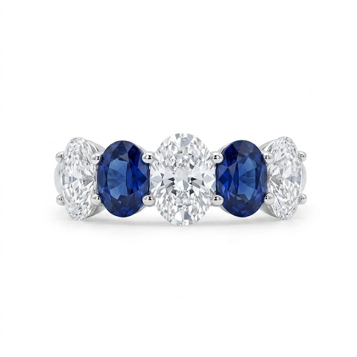 Oval Lab-Grown Diamond & Blue Sapphire Alternating Band | 14K White Gold | 5.16 ctw | Oval Gemstone Design | Anniversary Band - Brownee Jewelers