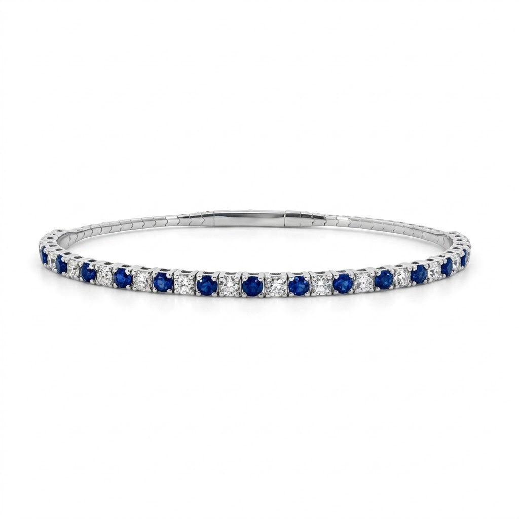  1.28 Total Carat Weight Diamonds and 1.72 Total Carat Weight Blue Sapphires Flex Bangle in 14kt White Gold