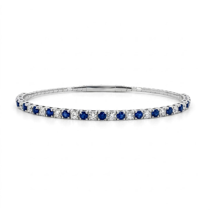  1.28 Total Carat Weight Diamonds and 1.72 Total Carat Weight Blue Sapphires Flex Bangle in 14kt White Gold