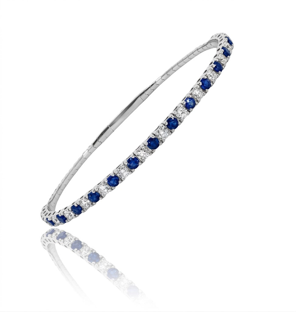 1.28 Total Carat Weight Diamonds and 1.72 Total Carat Weight Blue Sapphires Flex Bangle in 14kt White Gold