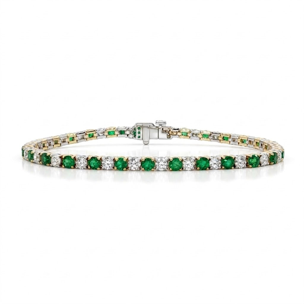 2.55 Total Carat Weight Round Emeralds and 3.16 Total Carat Weight Diamond 7 Inch Tennis Bracelet in 14kt Yellow Gold