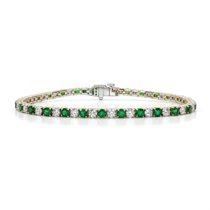 2.55 Total Carat Weight Round Emeralds and 3.16 Total Carat Weight Diamond 7 Inch Tennis Bracelet in 14kt Yellow Gold