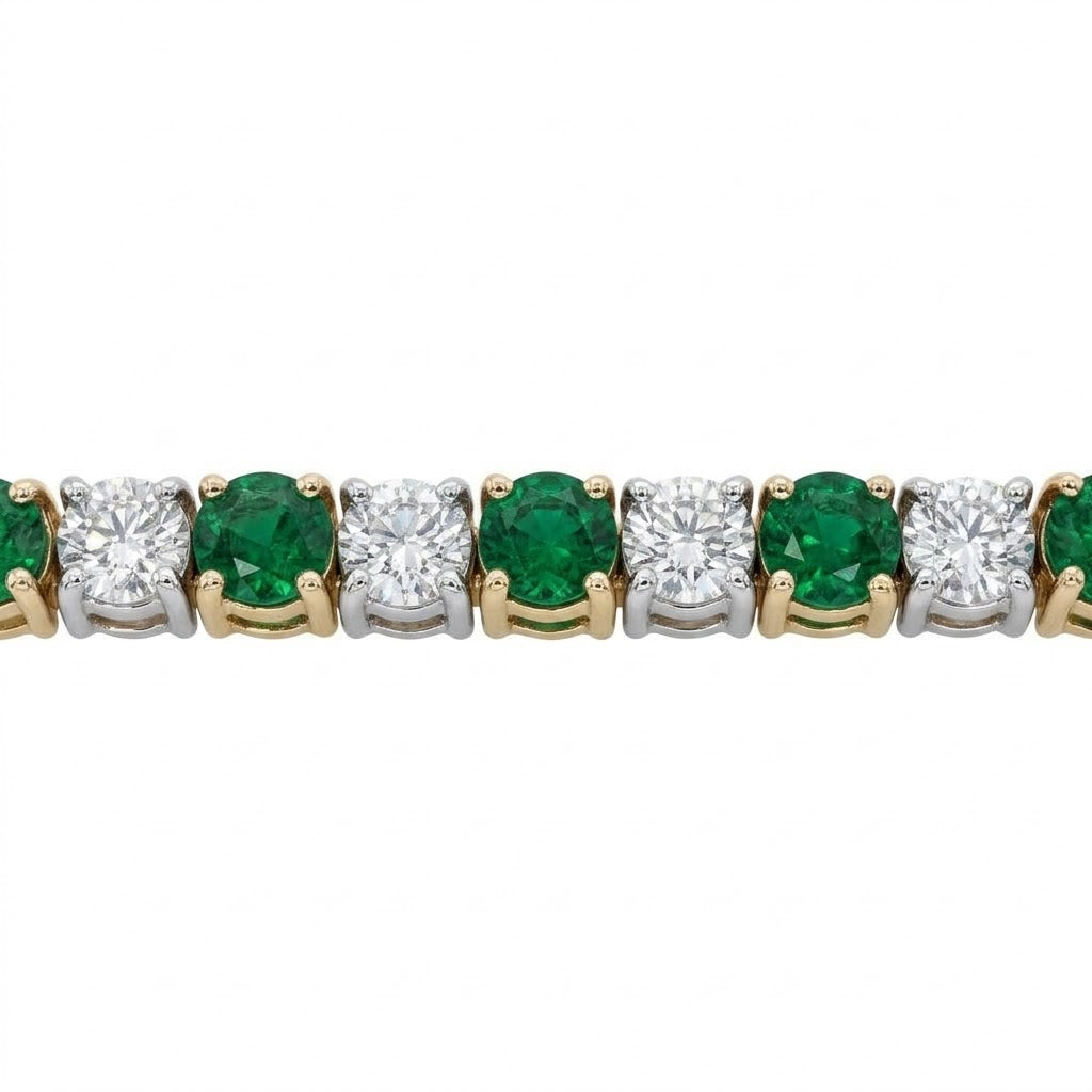 2.55 Total Carat Weight Round Emeralds and 3.16 Total Carat Weight Diamond 7 Inch Tennis Bracelet in 14kt Yellow Gold