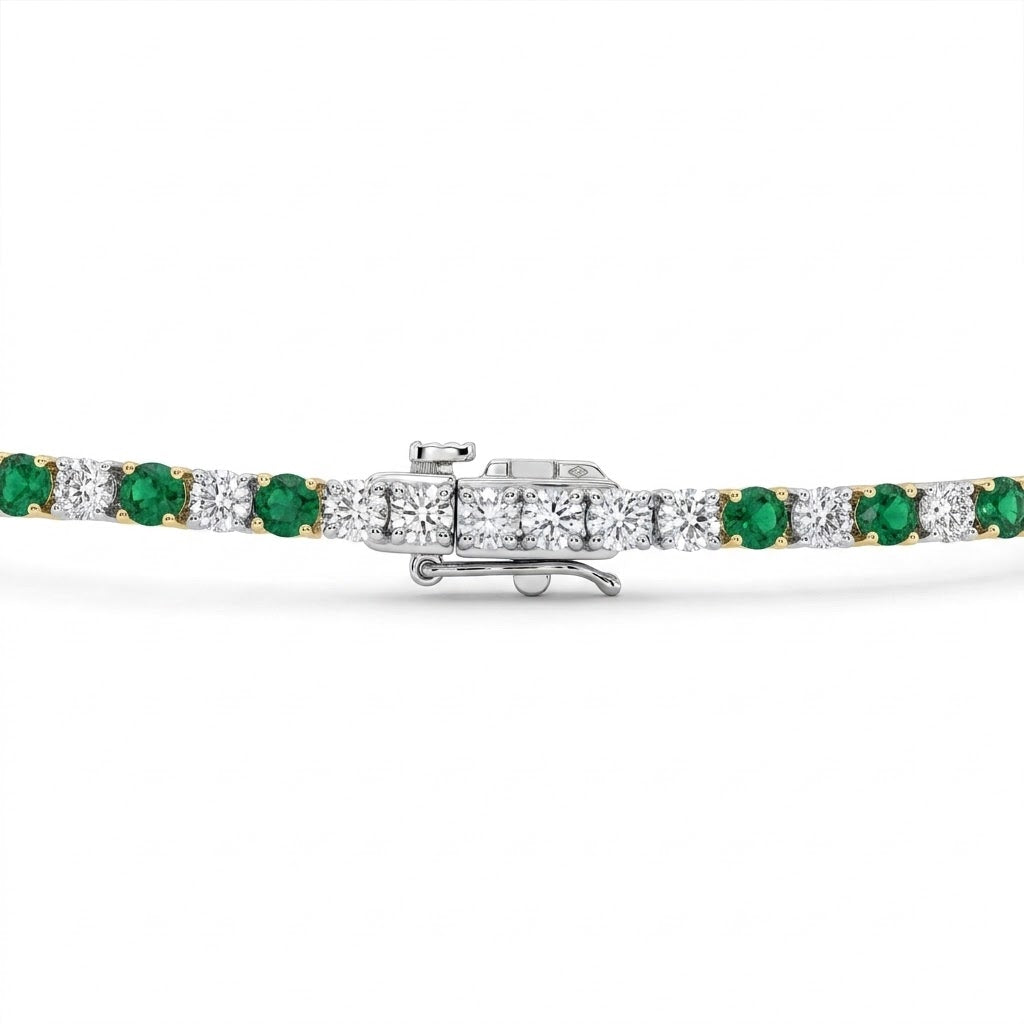 2.55 Total Carat Weight Round Emeralds and 3.16 Total Carat Weight Diamond 7 Inch Tennis Bracelet in 14kt Yellow Gold