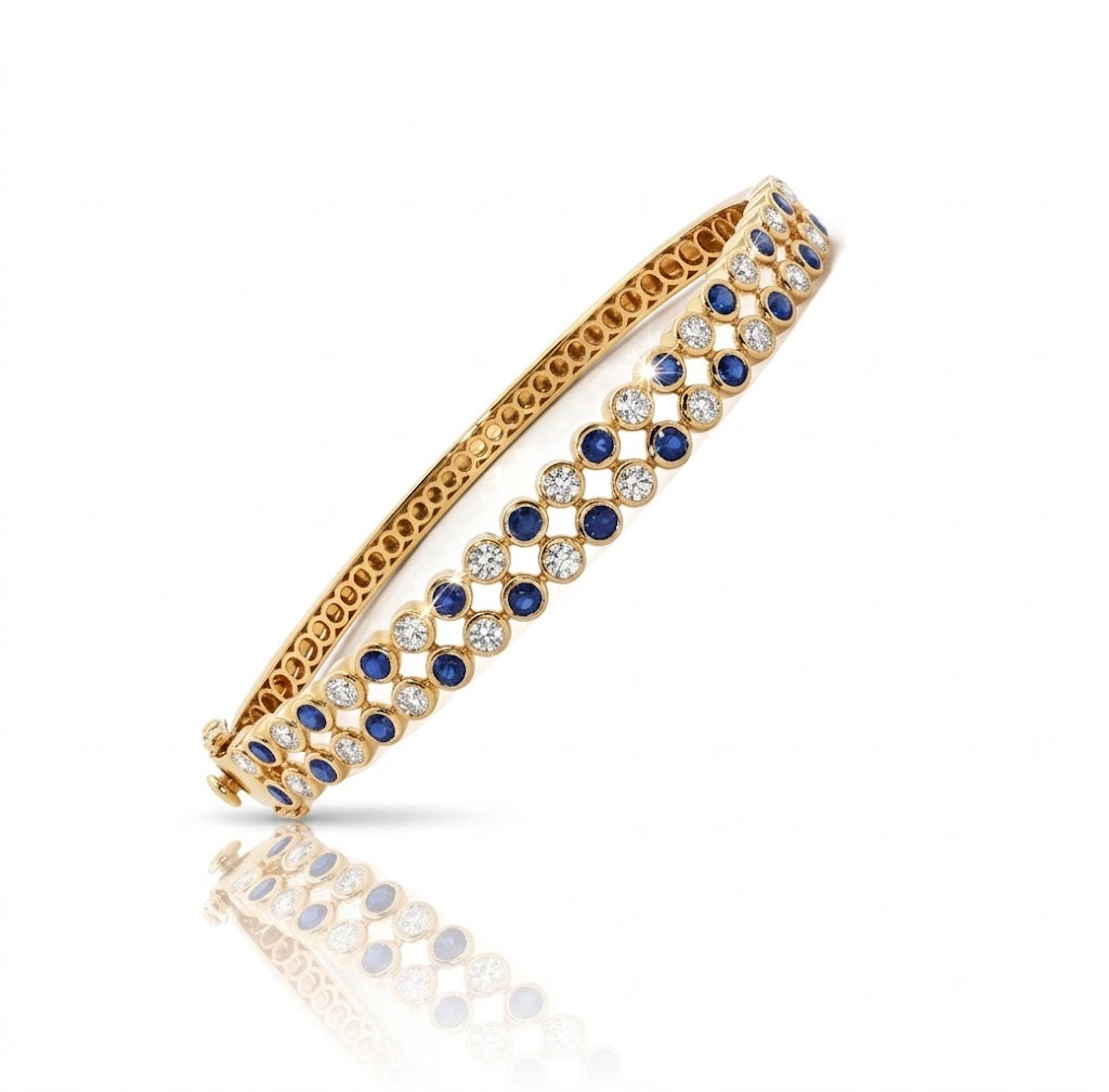 Round Diamond and Blue Sapphire Bangle in 14kt Yellow Gold