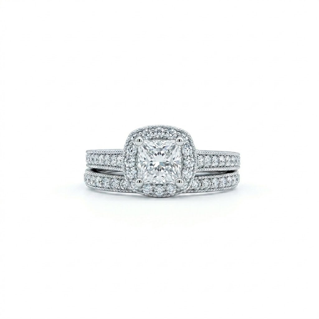 Square Diamond Approx. 0.70 CT Center Diamond Halo Bridal Set 