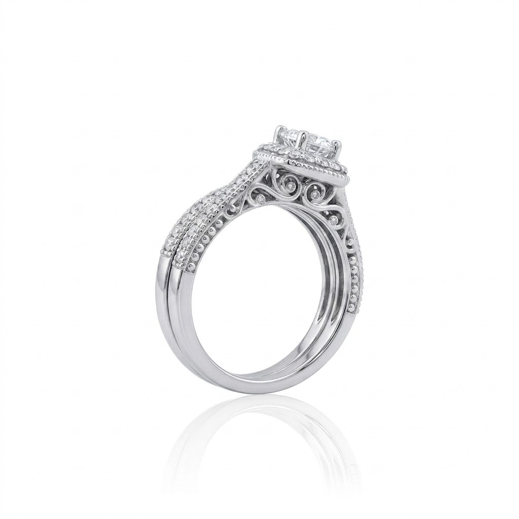 Square Diamond Approx. 0.70 CT Center Diamond Halo Bridal Set 