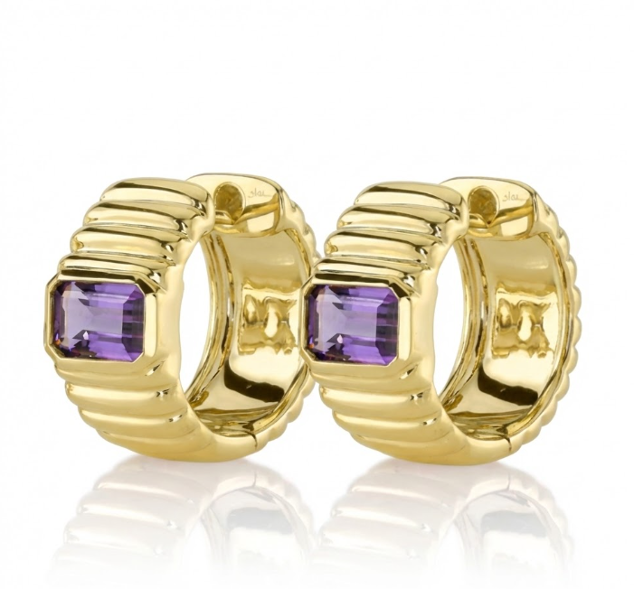 Emerald-Cut Amethyst Ribbed Hoop Earrings | 14K Yellow Gold | Purple Gemstone - Brownee Jewelers