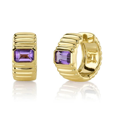 Emerald-Cut Amethyst Ribbed Hoop Earrings | 14K Yellow Gold | Purple Gemstone - Brownee Jewelers