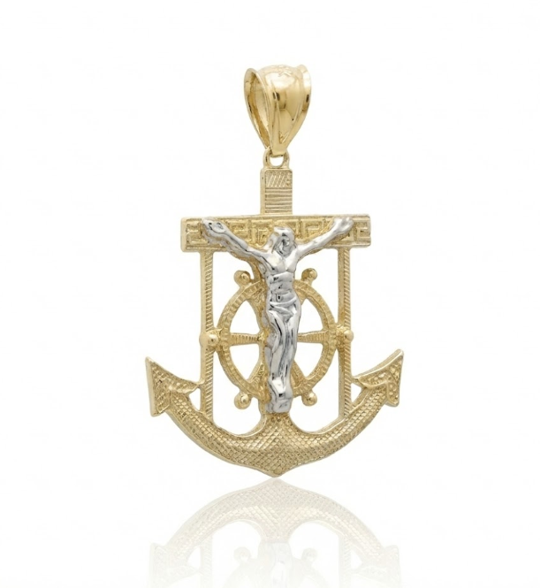 10K Two-Tone Gold Crucifix Anchor Pendant | Statement | Necklace - Brownee Jewelers