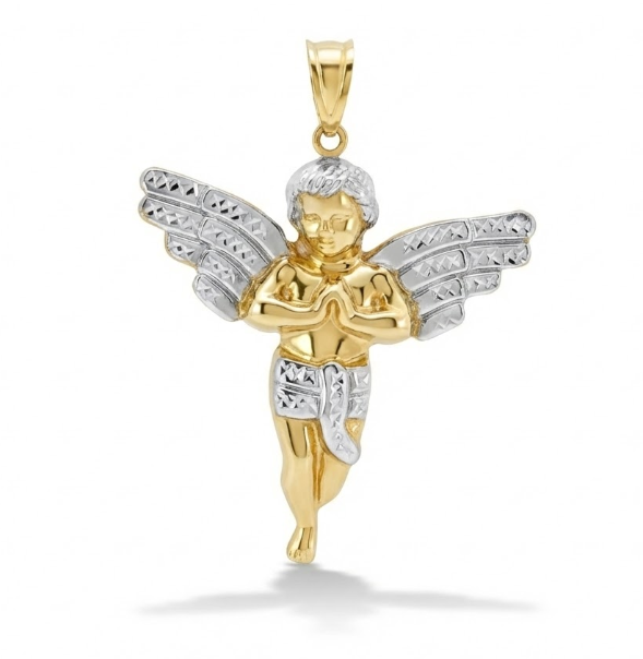 Angel Charm Pendant | 10K Two-Tone Gold | Diamond-Cut Detail | Religious Jewelry | PAT029 - Brownee Jewelers